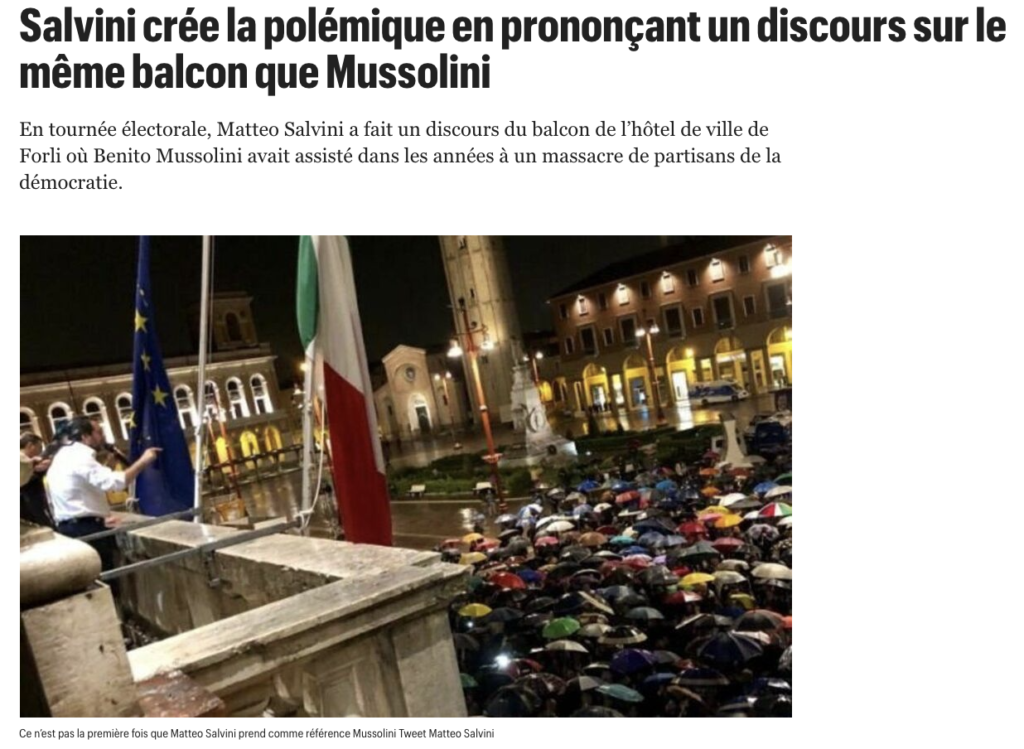 Matteo Salvini en Italie sur le balcon où Mussolini, dictateur fasciste avait assisté à un massacre