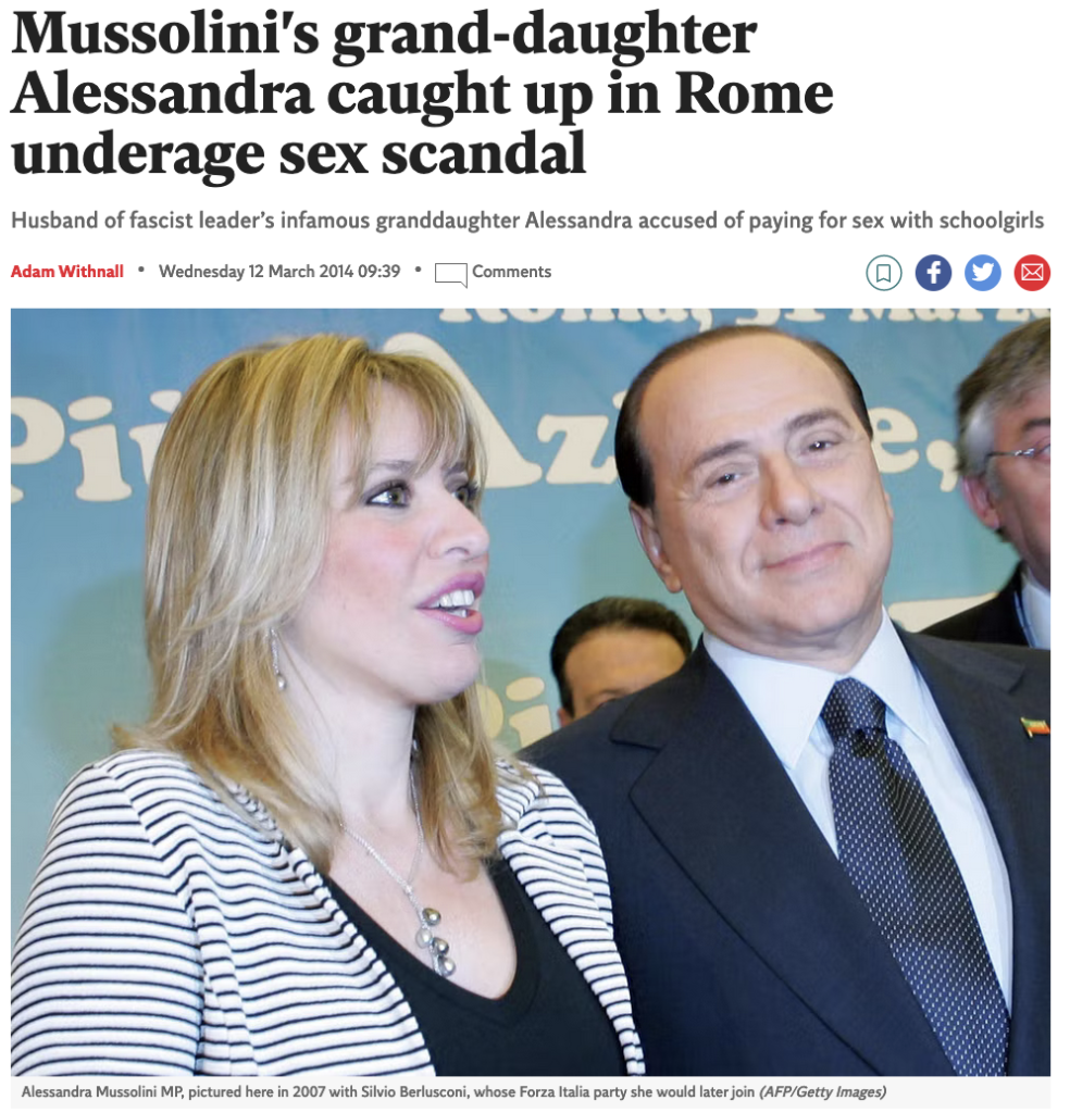 Silvio Belursconi, ancien président du conseil en Italie , et Alessandra Mussolini, petite fille du dictateur fasciste Mussolini 